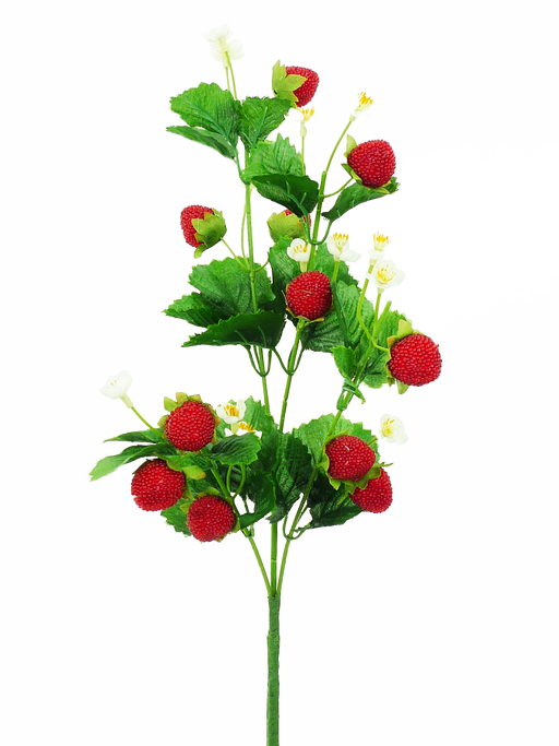 The 24 Strawberry Spray (model 62693SP24) vividly showcases bright red strawberries and small white flowers on an artificial branch with lush green leaves, all set against a plain white background for a vibrant decorative touch.