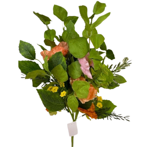 The 18 Poppy Bush 62775 features lush green foliage with vibrant pink and orange blooms and small yellow flowers, all set against a crisp white background.
