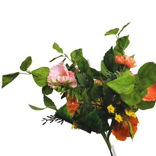 A vibrant bouquet of orange and pink flowers, accented with small yellow blooms and lush green leaves from the 18 Poppy Bush 62775, set against a plain white background.