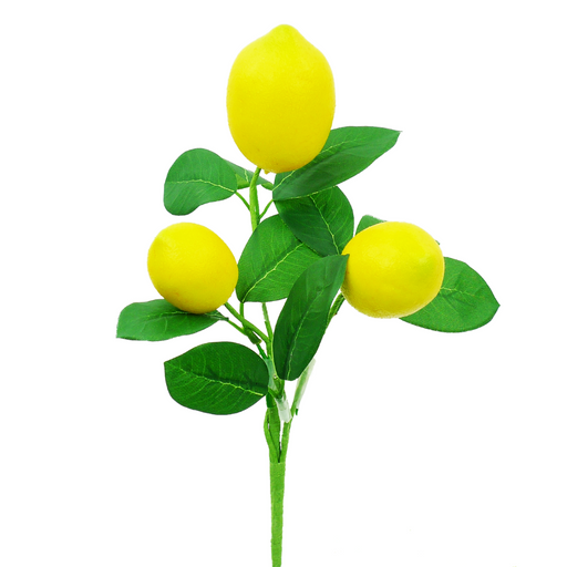 The 16 Lemon Pick 62813SP16 is a realistic branch featuring three bright yellow lemons and vibrant green leaves, ideal for adding a fresh touch to a white background.