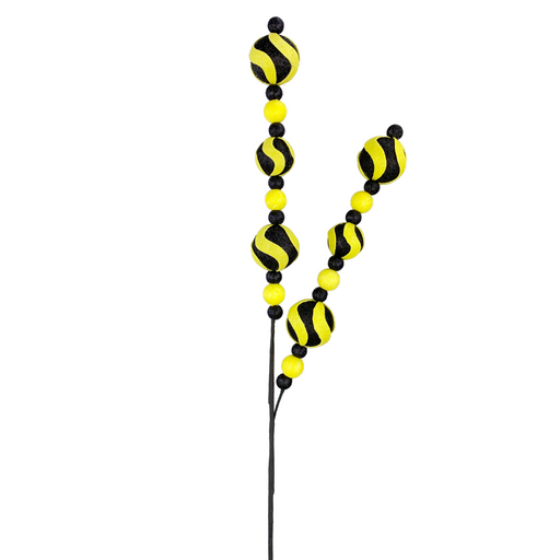 The 31 Swirl Ball Spray 62924YWBK features three branches with yellow spherical ornaments accented by black wavy stripes, plus smaller yellow and black beads on a sleek black stem for a bold decorative touch.