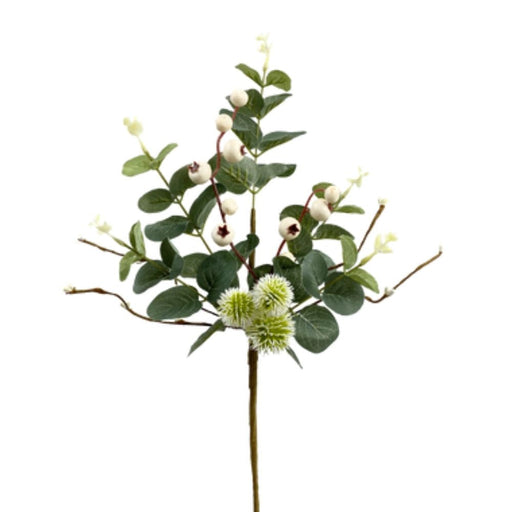 The 18 Cream Berry Eucal Spray 62944CM has a sprig of mixed greenery, cream berries, and small white flowers. Featuring round green leaves and spiky florals on a slender brown stem, its elegantly displayed against a plain white background.