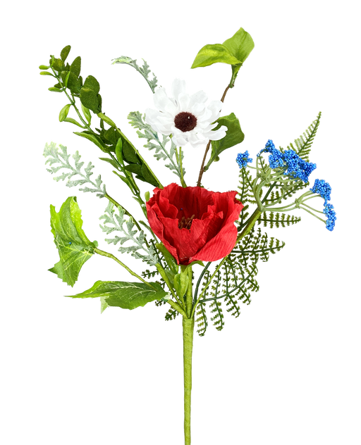 Introducing our 16 Poppy Pick (62959SP16): a vivid bouquet with a red poppy, white daisy, blue flowers, and lush greenery. Set against a black background, it features a striking Green/Red/White/Blue palette.