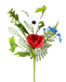 Introducing our 16 Poppy Pick (62959SP16): a vivid bouquet with a red poppy, white daisy, blue flowers, and lush greenery. Set against a black background, it features a striking Green/Red/White/Blue palette.
