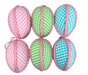 Six 4" fabric gingham egg ornaments from product 62994ASST are displayed in two rows. The top row has two pink and one green gingham-patterned ornaments, while the bottom row features two blue and one green gingham-patterned ornaments, each adorned with pink trim.