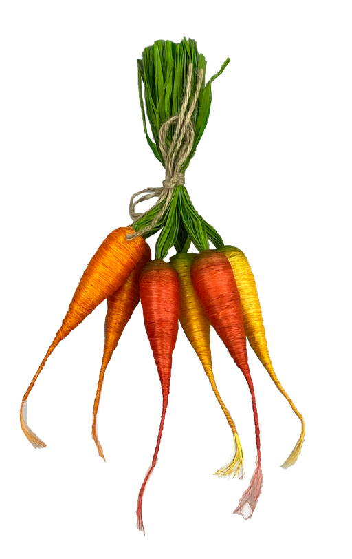 The 15 Carrot Bundle, featuring six vibrant red, yellow, and orange carrots (63020RDYWOR), is wrapped in natural fiber with green leafy tops tied by a rustic rope.