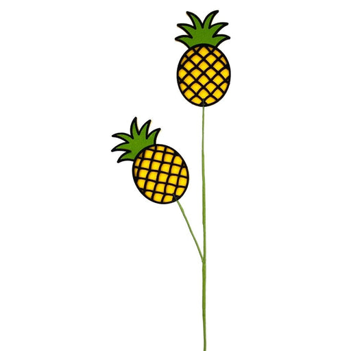 The 31 Yellow Pineapple Spray (63065YW) features two pineapples with vibrant yellow bodies and green spiky tops on long, thin stems at varying heights set against a plain white background.