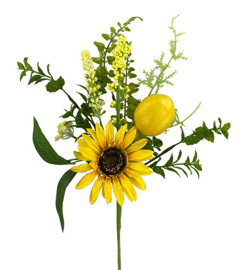 The 18 Sunflower Lemon Mix Leaves Pick (63086SP18) showcases a vibrant sunflower, decorative leaves, and cheerful yellow blossoms against a striking black background.