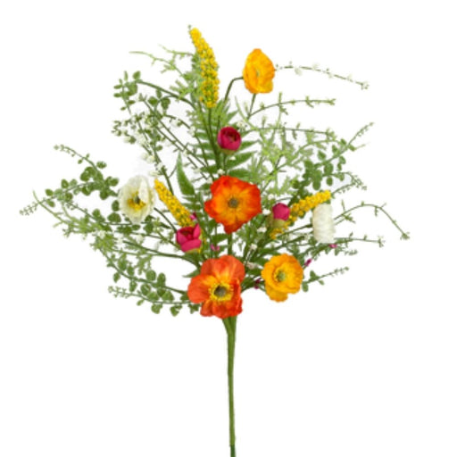 A 26 Poppy Fern Leaves Pick (63090SP26) features a vibrant floral arrangement of orange, yellow, pink, and white flowers with green foliage. Its diverse flower types and textures stand out against a white background for a lively appearance.