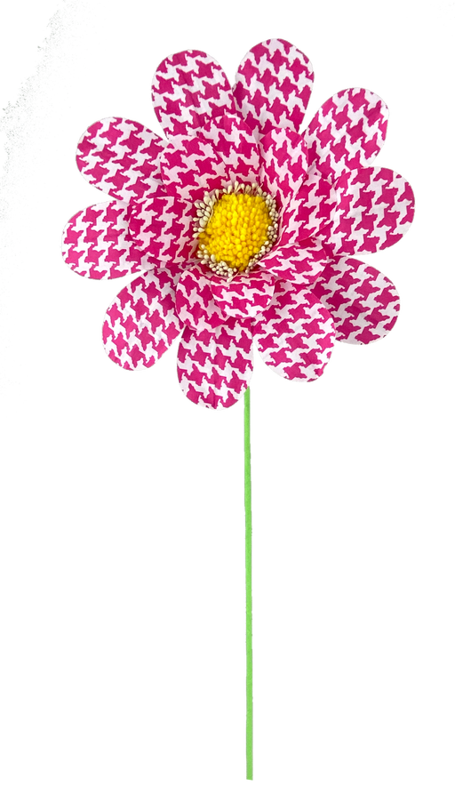 The 24 by 8 Pink Houndstooth Sunflower Spray (63109PK) features a yellow center, white and pink houndstooth petals, and a long green stem set against a black background.