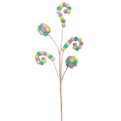 The 26 Pastel Felt Ball Fun Spray (SKU: 63148PASTEL) features clusters of colorful pom-poms in pink, blue, yellow, and purple on 5 stems, creating a whimsical and playful decoration.
