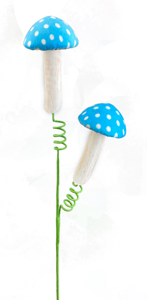 The 22 Blue Polkadot Mushroom Spray (63249BL) features two whimsical blue-capped mushrooms with white spots and green spiral springs, displayed on sturdy wooden stems against a vibrant abstract backdrop.
