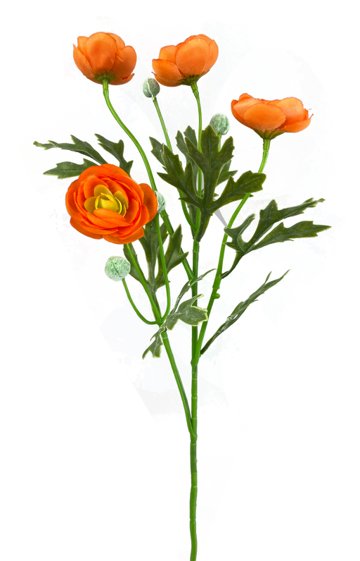 A digital artwork showcases the 21 Orange Ranunculus Spray 4 Stems 63328OR with green leaves, against an abstract backdrop blending vibrant shades of purple, pink, yellow, and blue for a stunning visual display.
