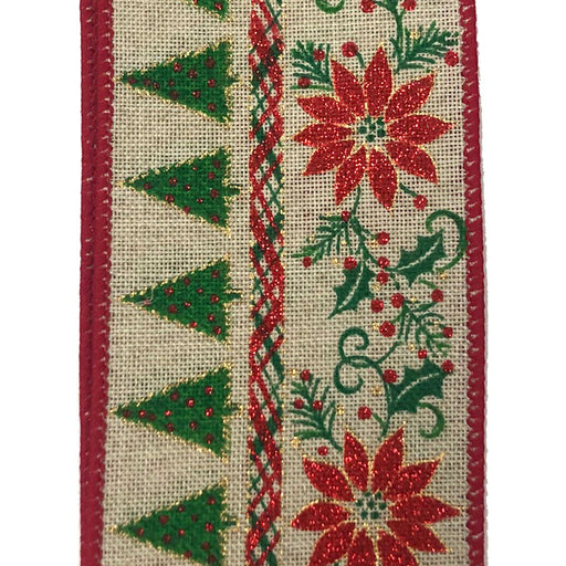 Close-up of the 2.5" Natural Linen Poinsettias Trees Christmas Ribbon, showcasing a decorative pattern with green Christmas trees and red poinsettias. This design captures the elegance of wired Christmas ribbons, featuring holly leaves and berries framed by red and green borders on a beige background.