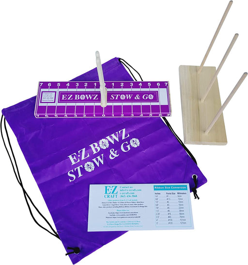 Introducing the EZ Bowz Stow & Go Bow Maker, complete with a signature purple drawstring bag. It includes a measuring board with a central rod, a sturdy wooden base with three vertical dowels, and an instruction card for ribbon size conversions to help you create perfect bows.
