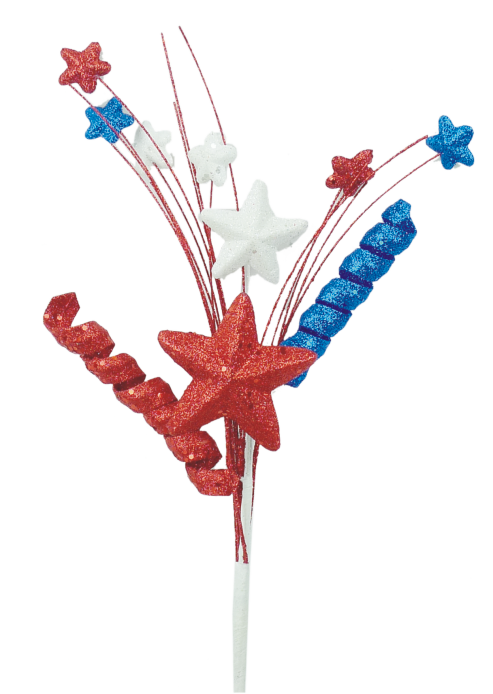 The 18 Red White and Blue Glitter Curly Stars Pick 74088RWB features glittery stars and spirals in red, white, and blue on thin stems with varying star sizes creating a vibrant decoration.