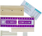 The EZ Bowz Stow & Go Bow Maker set includes a wooden measuring board with purple markings, three wooden dowels, four white adhesive pads, and an instruction sheet. The board features numerical guides from 1 to 7 for crafting perfect bows anywhere you need.