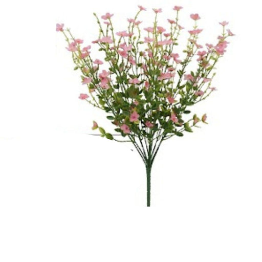 The 17.5 Pink Mixed Forget Me Not 83416-PK bouquet displays delicate artificial flowers with green stems and leaves in a fanned-out pattern against a plain white background.