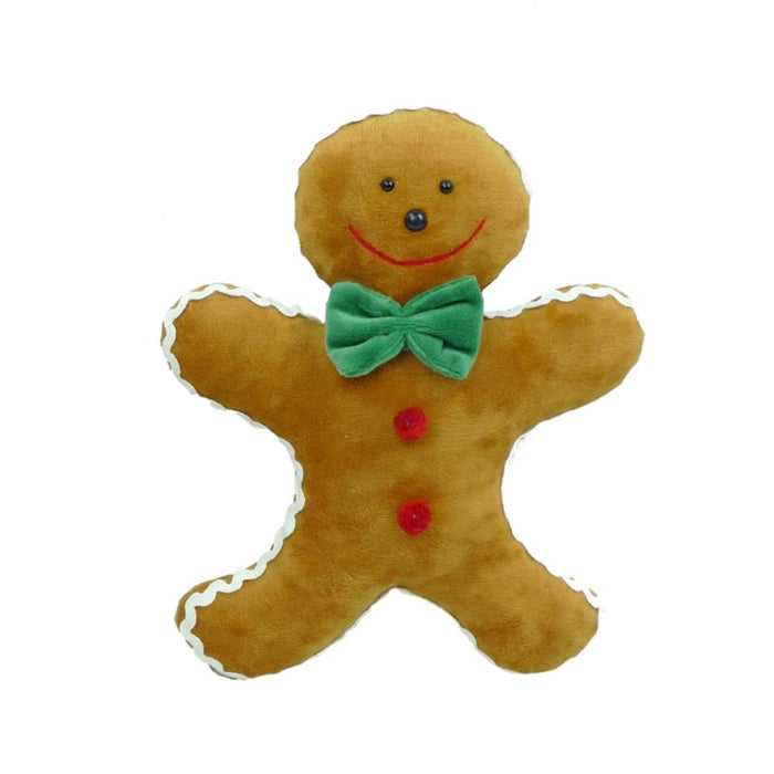 The 11 by 9 Light Brown Plush Gingerbread Cookie (83589Asst) features a green bowtie, red buttons, white icing edge details, and an embroidered smiling face with black eyes and a red mouth on a plain white background.