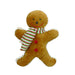 The 11 by 9 Light Brown Plush Gingerbread Cookie 83589Asst features a red and green striped scarf, red buttons, white icing accents, black eyes, and a smiling red mouth, shown on a white background.