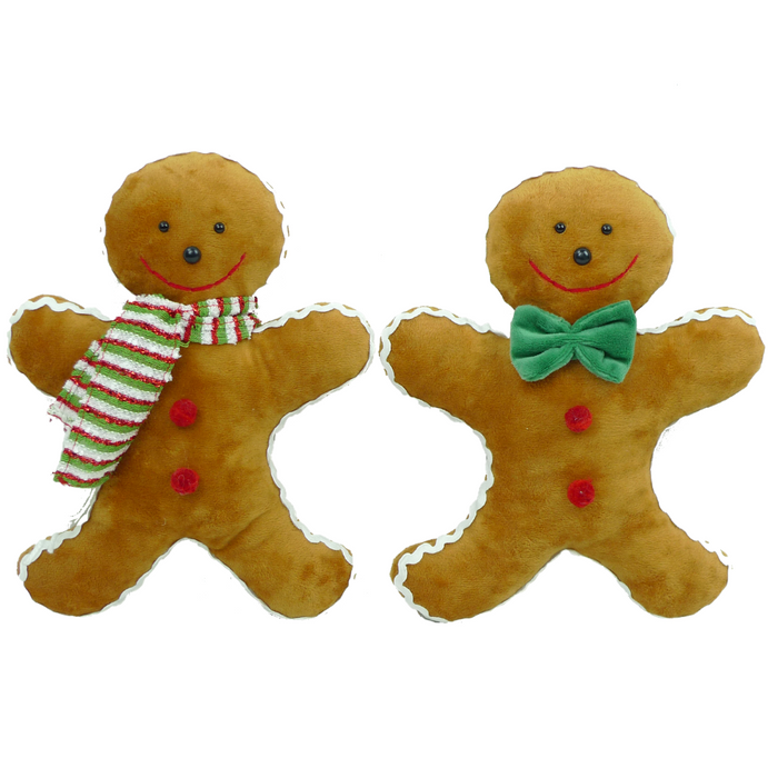 Set of two 11 by 9 light brown plush gingerbread cookie dolls: one with a green and red striped scarf, the other with a green bowtie. Both feature smiling faces, red buttons, and white icing-like trim on their edges.