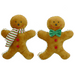 Set of two 11 by 9 light brown plush gingerbread cookie dolls: one with a green and red striped scarf, the other with a green bowtie. Both feature smiling faces, red buttons, and white icing-like trim on their edges.