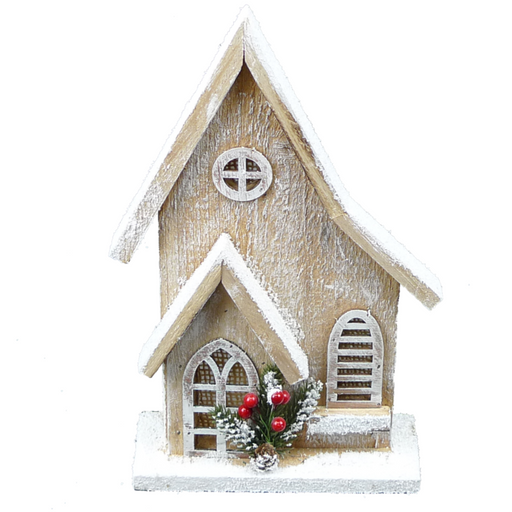The 11” LED Lighted House Christmas Decor 84012BN features a snow-dusted roof, arched windows, and festive pine branches with red berries—perfect for adding charming holiday spirit to your home.