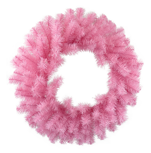 The 24 Pink Pine Wreath (84904WR24) features dense, evenly spread artificial pink foliage in a circular design and is displayed against a light gray background.