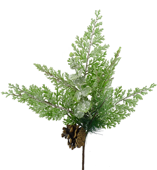 The Andrew Pine 84971SP18 features delicate green evergreen leaves and a small brown pine cone near the base, isolated on a transparent background. Measures approximately 18 inches in length.