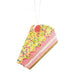 The 4 by 4 by 6 Pink and Yellow Cake Slice Ornament (85244PKYW) features glittery pink and yellow layers, colorful sprinkles, a red-and-white swirl candy on top, and hangs from a thin string.