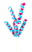 The 16 Pink and Blue Frizzy Curly Pick, 5 Stems, features a spiral ribbon of vibrant pink and blue with white polka dots on a thin stick. It stands out vividly against a plain black background (Product ID: 85265PKBL).