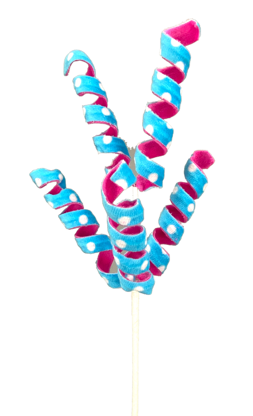 The 16 Pink and Blue Frizzy Curly Pick, 5 Stems, features a spiral ribbon of vibrant pink and blue with white polka dots on a thin stick. It stands out vividly against a plain black background (Product ID: 85265PKBL).