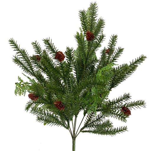 The 21 Noble Fir Bush X 7 Green (85340GN) features a cluster of artificial pine branches with small pinecones and fern-like foliage. This set includes 7 stems, arranged against a white background.