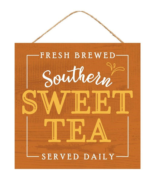 The 10Sq Fresh Brewed Southern Sweet Tea sign (AP7187) features Fresh Brewed Southern Sweet Tea Served Daily in white and yellow on textured rust-orange wood with decorative curves and dots, capturing the charm of fresh brewed tea décor.