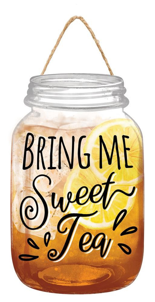 The 10H X 6L Bring Me Sweet Tea Sign (AP7190) in White/Rust/Yellow showcases a mason jar illustration filled with iced tea and lemon slices, featuring a string handle. Made from MDF, it serves as charming wall decor with the bold text Bring Me Sweet Tea in decorative lettering.