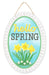The 13Hx9L Hello Spring Oval Sign (AP7261) is made of MDF/paper with a white border, featuring yellow daffodils and hello SPRING text in yellow and black on an ice blue background. It includes a twine loop for easy hanging.
