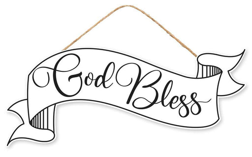 The 15Lx6.25H God Bless Banner Sign (AP7289) features a white background with elegant black script, hanging gracefully by a sturdy brown string.