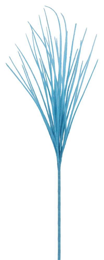 The 27L Flocked Grass Bush Blue (FG610203) stands tall with slender, long blue leaves elegantly fanning out from a central stem, resembling decorative grass.