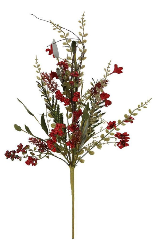 The 24 Oal Paper Flower/Eva Leaf/Beads Spray in Cranberry (FH804943) showcases a decorative mix of green leaves, delicate paper flowers, and clusters of cranberry-like red berries on a single stem.