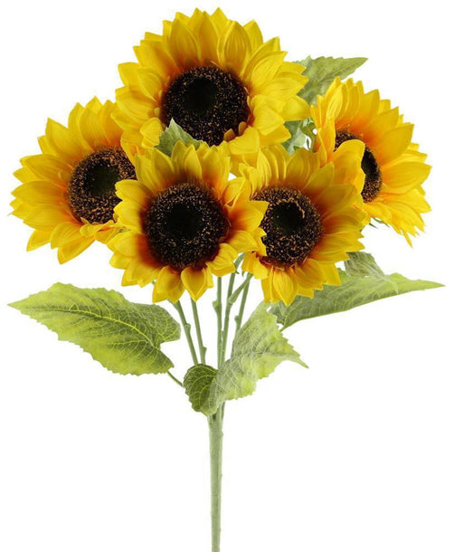 The 17L Sunflower Bush X 5 Yellow (FN164629) features five vibrant stems with bright yellow petals and dark brown centers. Crafted from fabric and wire, these flowers are elegantly arranged with green leaves for a fresh, lively look.