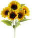 The 17L Sunflower Bush X 5 Yellow (FN164629) features five vibrant stems with bright yellow petals and dark brown centers. Crafted from fabric and wire, these flowers are elegantly arranged with green leaves for a fresh, lively look.