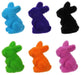 Six charming 4Hx2.5L flocked standing rabbits, available in purple, pink, black, green, turquoise, and yellow (HE723899), are arranged in two right-facing rows. Choose your favorite color for this soft polystyrene display.