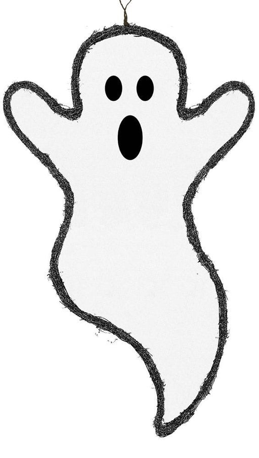 The 22H x 15.75L Vine Ghost (KG3030) features a simple cartoon grapevine body in white with black eyes, an open oval mouth, dark fuzzy outline, and arms raised in surprise—perfect for fun Halloween décor.