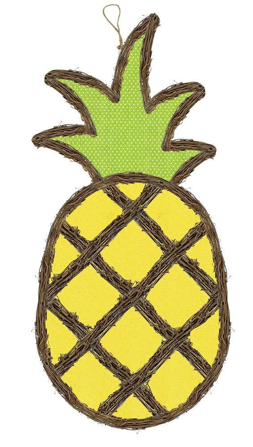 The 21.5H x 10L Vine/Fabric Pineapple (KG3077) features a sun yellow body, lime green top, and natural woven twigs with a hanging loop, beautifully outlined against a white background.