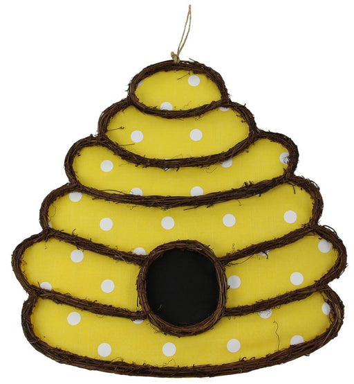 The 20H x 18.5L beehive-shaped wall hanging, KG3113, features yellow and white polka-dotted fabric with natural brown woven trim. It includes a circular blackboard centerpiece and hangs elegantly from a twine loop at the top.