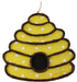 The 20H x 18.5L beehive-shaped wall hanging, KG3113, features yellow and white polka-dotted fabric with natural brown woven trim. It includes a circular blackboard centerpiece and hangs elegantly from a twine loop at the top.