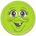A cheerful, bright green cartoon face with big purple eyes, long lashes, rosy cheeks, and a toothy grin makes the 12 Round Metal Green Witch Face Halloween Sign (MD0326) a quirky, charming décor piece for any space.