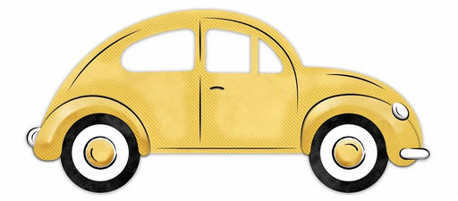 The 12L X 5.5H Metal/Embossed Vintage Bug (MD060129) showcases a classic vintage design with a curved shape, large circular windows, and yellow, black, and white elements. It features metal accents, white-walled tires, and bold black outlines for a charming, cartoon-like appearance.