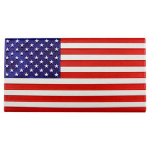 The 12L X 6.25H Metal/Embd American Flag (MD0603) features a blue field with 50 white stars on the upper left and 13 alternating red and white stripes.