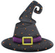 The 12 Metal Embossed Witch Hat Halloween Sign (MD061835) features a black witch hat with curled tip, adorned with orange dots, a purple band, and a yellow buckle, making it the perfect Halloween accessory.